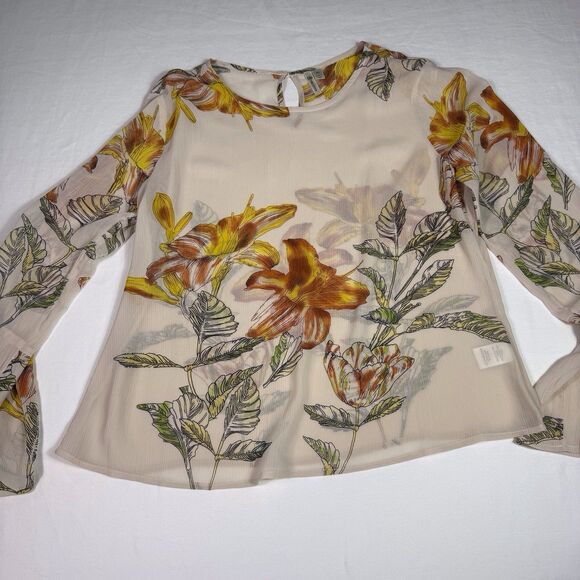 Versona Sheer XL Cream Floral Boho Top Blouse Bell Sleeves Office Dinner Party - Picture 6 of 10